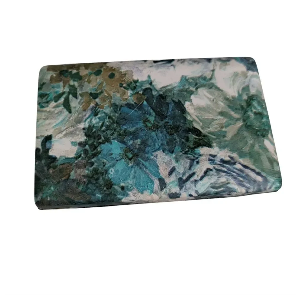 Vintage MCM Blue Green Floral Travel Jewelry Box‎ Clamshell